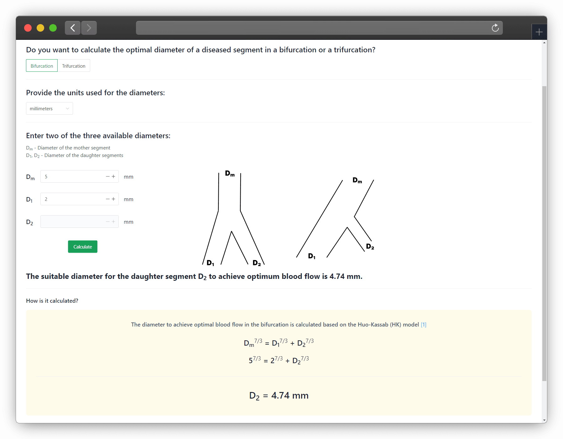 screenshots of Bi/Trifurcation Calculator